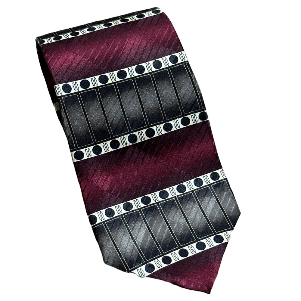 Facets Vintage Geometric Silk Tie. Maroon, Black , Grey and Tan EUC